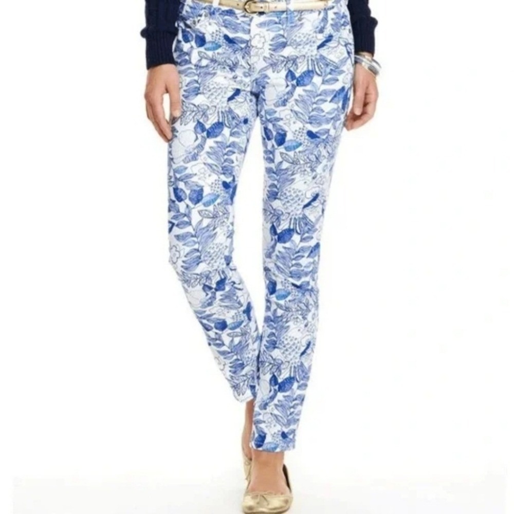 Vineyard Vines Women Denim Blue Floral/Bird Ankle Length Pants Stretch Size 2